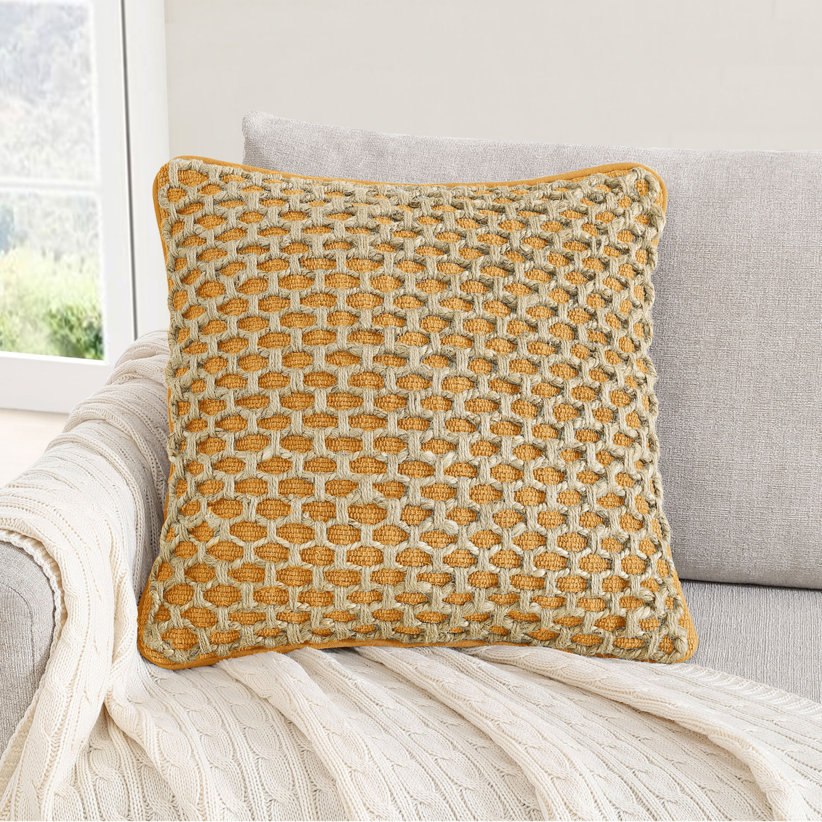 Ablo Textured Cotton Throw Pillow, Square 20", Yellow/Natural