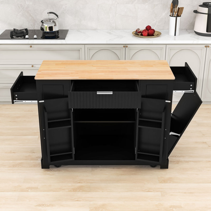 Rolling Kitchen Island with Shelves, 3 Drawers and Power Outlet, Black