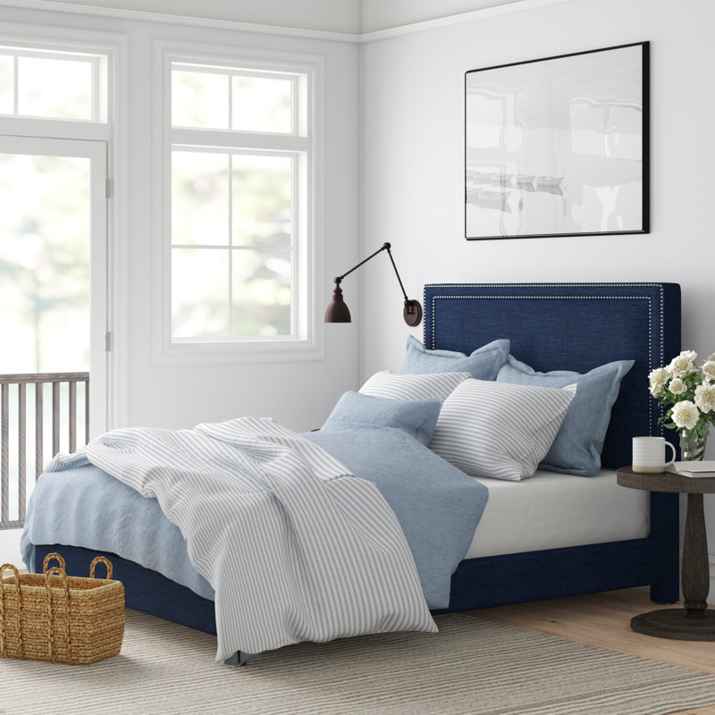 Lit plateforme tapissier Sexton, Double, Bleu