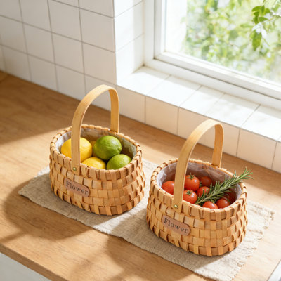 2pcs Wooden Flower Girl Basket – Handmade Natural Wood Woven Basket for Wedding Petals, Small Rustic Farmhouse Decorative Basket for Home, Lightweight  with Handle