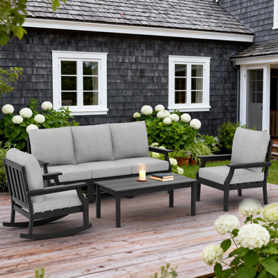 HDPE Patio Furniture Set, 6-Piece Outdoor Sectional Sofa Set, All Weather Outdoor Couch Set for Deck, Lawn, Black Frame with Gray Cushion