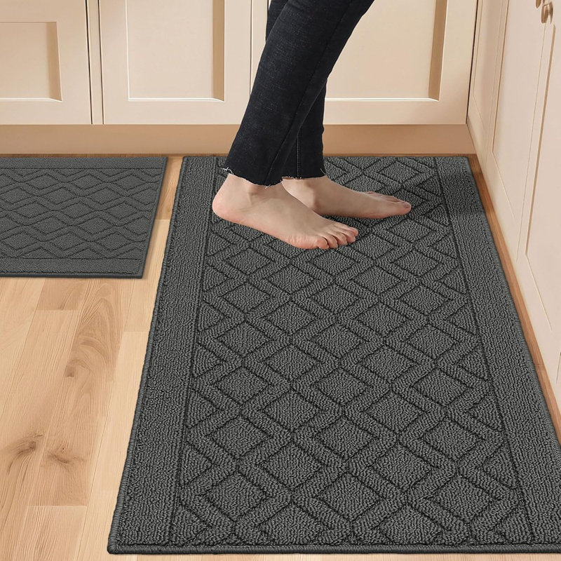Ensemble de tapis de cuisine gris - 2 pièces, 100% polypropylène, doux, antidérapant, lavable à la machine