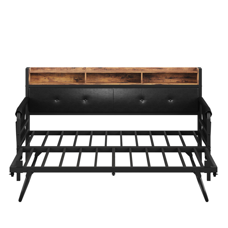Structure de lit de jour simple avec lit gigogne, canapé-lit avec station de charge et tête de lit tapissier, structure de lit de soutien robuste pour le salon, la chambre à coucher et la chambre d'amis