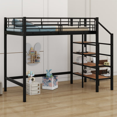 Metal Loft Bed With Upper Grid Storage Shelf And Lateral Storage Ladder