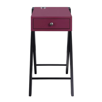 Table d'appoint Charging en noir et bourgogne, forme rectangulaire, 1 tiroir de rangement, pieds, joint Kd, plateau en bois, 24 haut avec station d'accueil, finition bourgogne, simple pour petits objets, base ouverte, matériau, 13