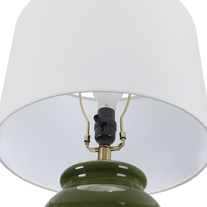Lampe de table en céramique verte à 3 voies avec abat-jour tambour blanc