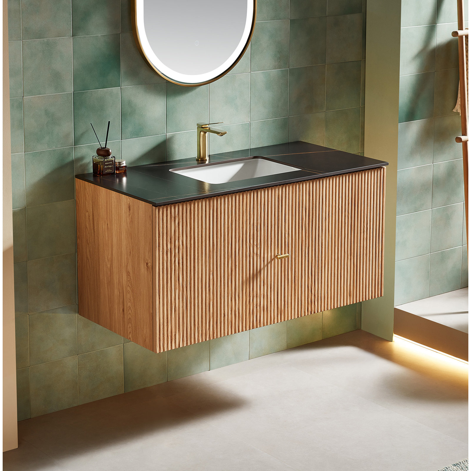 Jamell 42 Wall Mount Modern Bathroom Vanity, Black, Natural Oak
