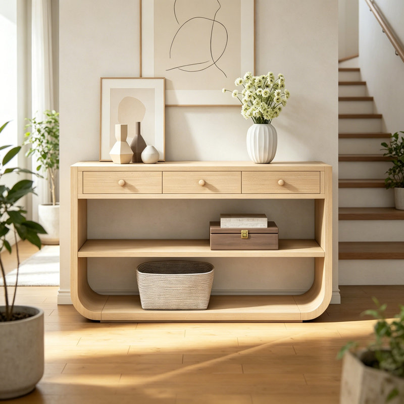 Console courbée avec 3 tiroirs à fermeture en douceur et 2 tablettes ouvertes, Natural