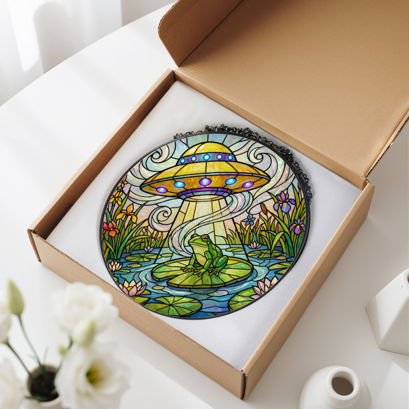 Panneau de vitrail 12 "H Frog Ufo, H 12 po x l 12 po