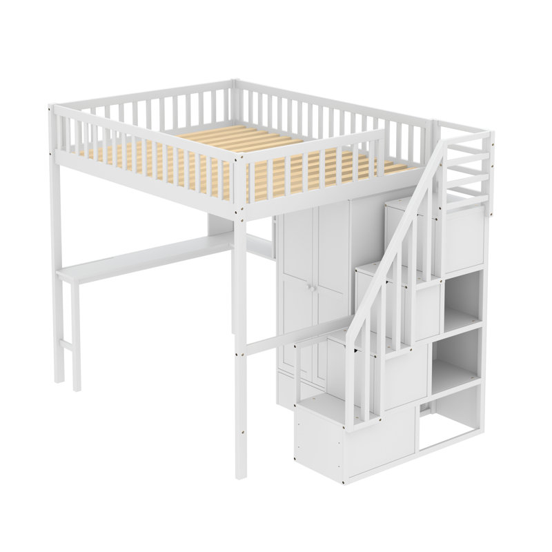 Gunjan Loft Bed with Bookshelf,Drawers,Desk,and Wardrobe, White, Full
