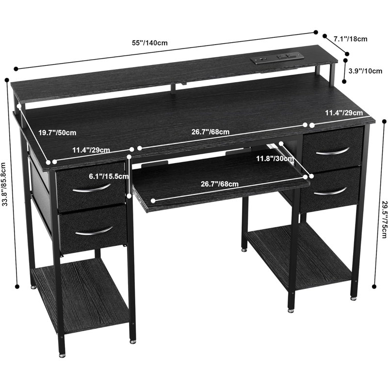 Computer Desk With Drawers And Power Outlets, Gaming Desk With LED Lights, Home Office Desk With Monitor Stand And Keyboard Tray, Study Writing Work Desk For Home Office