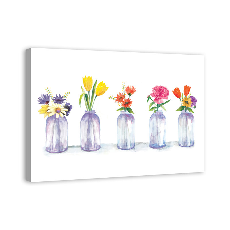 Fleurs peintes dans des pots en verre - Peinture sur toile, H 32 po x l 48 po, Toile