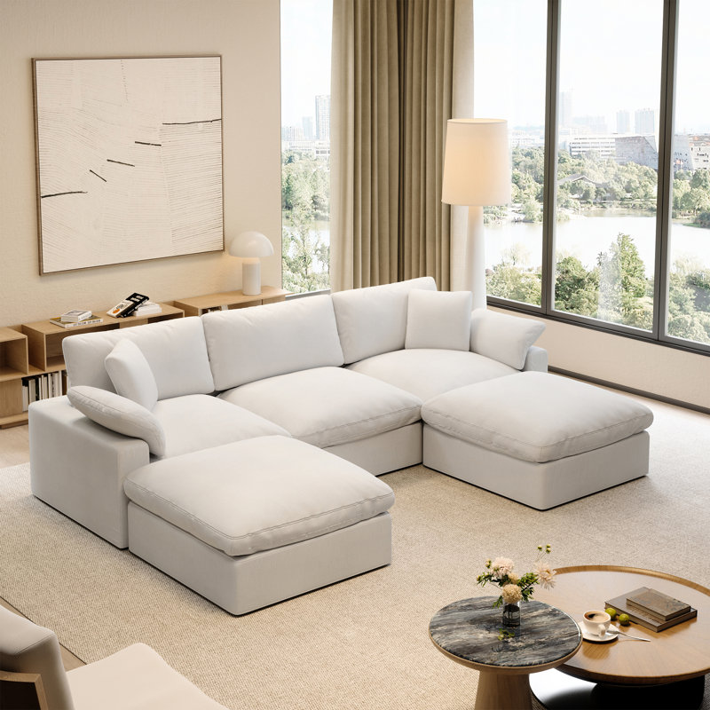 Upholstered 110.8 '' 5 Seater Cloud Sofa, Modular Sectional Sofa U-shaped with 2 Ottoman Removeable Cover for Living Room, Bedroom