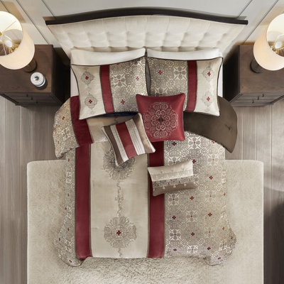Ensemble d'édredon jacquard avec coussins décoratifs 7 pièces Red Cal King