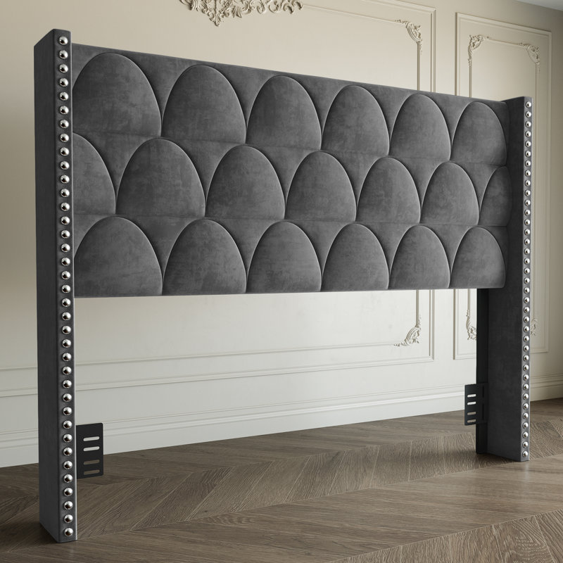 Tête de lit tapissier à oreilles en velours à dossier haut de 56 po, sur pied pour matelas à hauteur réglable, Gris