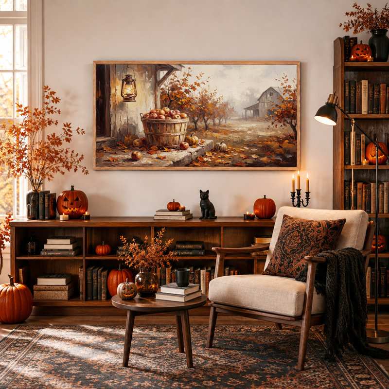 Panier de pommes rouges et de citrouilles - Tableau sur toile pour l'Halloween