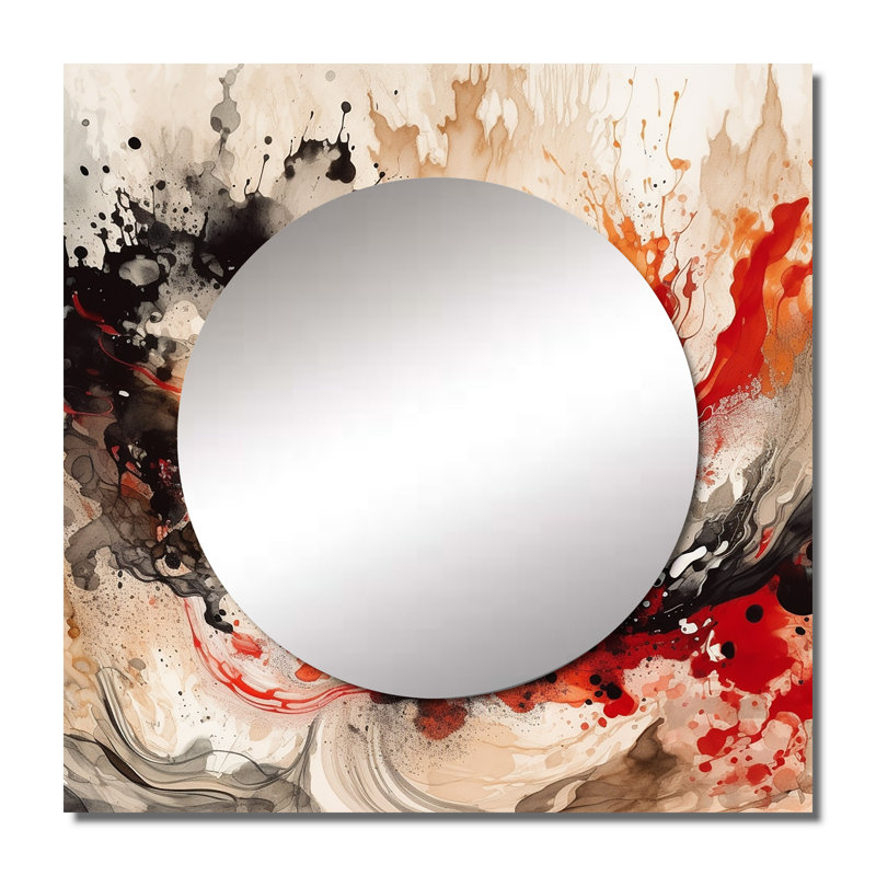 Gundega - Red Black Chromatic Agate II Abstract Square Mirror Wall Decor For Bedroom, 36" x 36"
