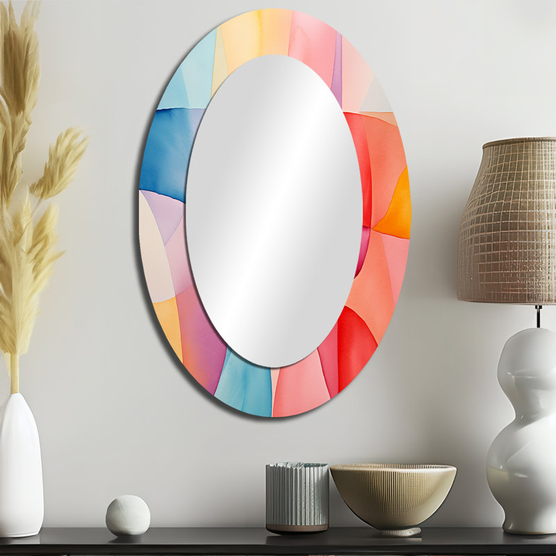 Mid-Century de couleur pastel collages IV - Miroir décoratif abstrait ovale sur métal, H 36 po x l 24 po