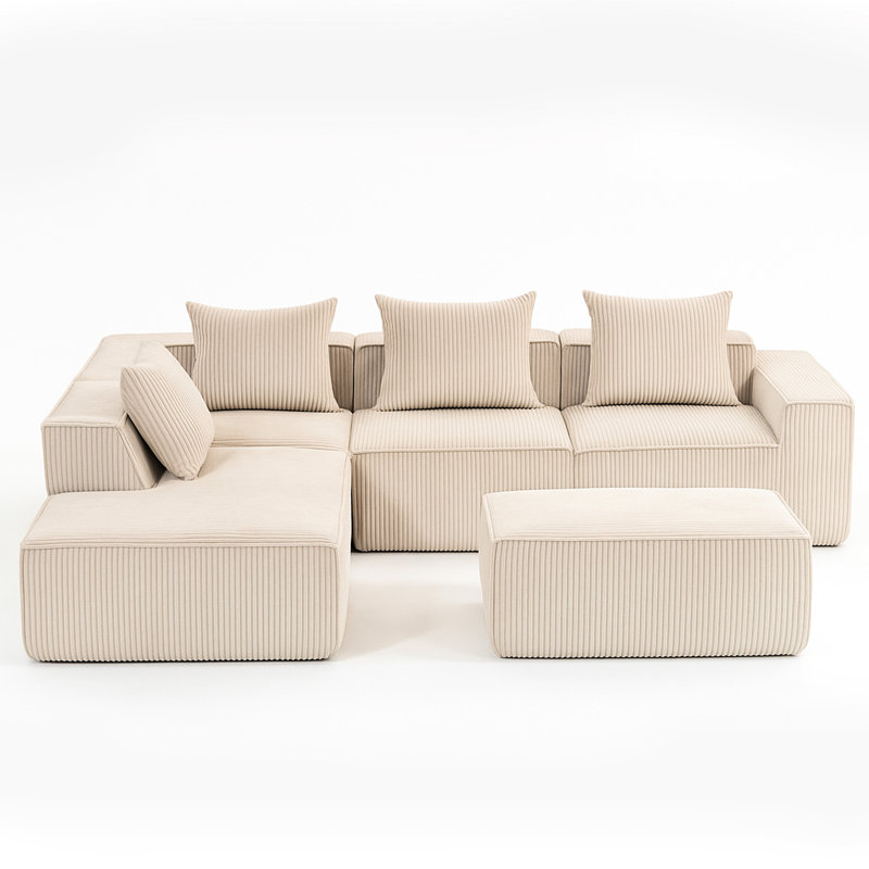 Modulaire à 5 places en velours côtelé beige, multi-personnes, sans assemblage, siège moelleux, rembourrage en éponge haute densité, personnalisable pour le salon