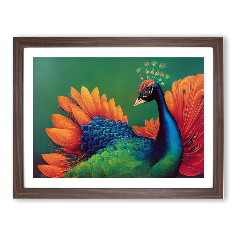 Awe Inspiring Peacock 1 Piece Single Picture Frame Wall Art, 46cm H x 64cm W x 2cm D, Walnut Framed