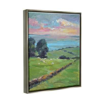 «Country Country Grasslands Striking Pink Sunset Sky» par Allayn Stevens - peinture à cadre flottant sur toile