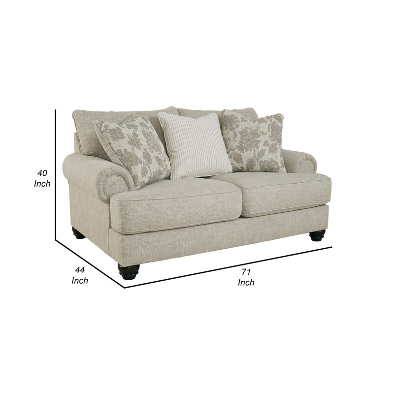 Causeuse Brinsley de 71 po avec 3 coussins décoratifs, accoudoirs roulés, polyester, beige