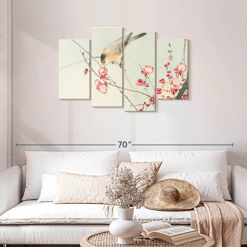 Oiseau chanteur sur une branche en fleurs, H 27 po x l 43 po