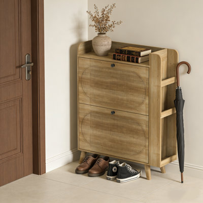 2-Drawer Flap Shoe Cabinet With Side Storage – 16-18 Pairs Capacity, Adjustable Double-Tier Storage, Natural Wood Entryway Organizer