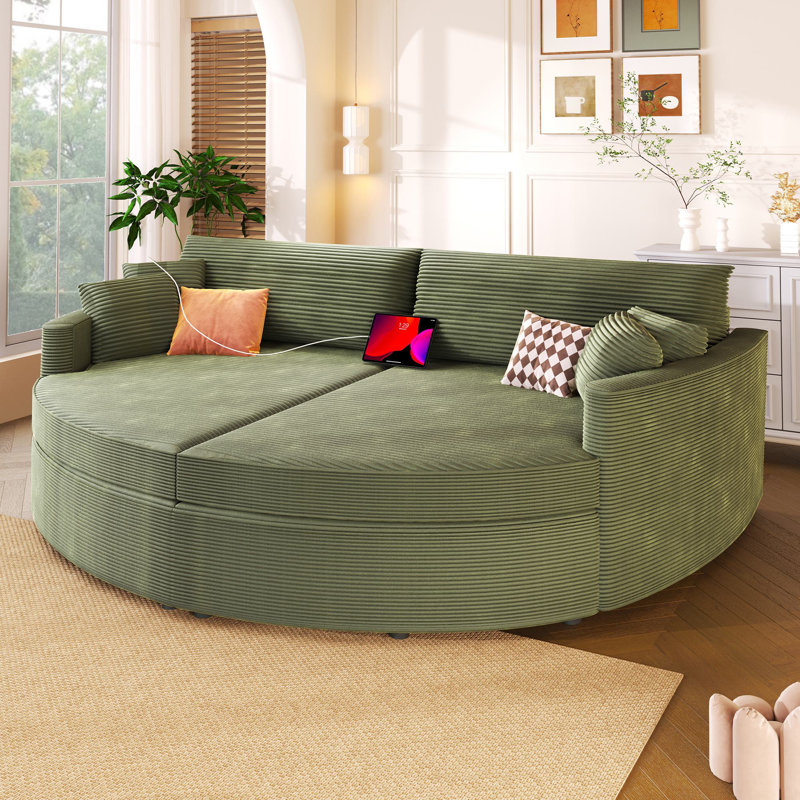 102.3" Chaise Lounge Sofa Bed, Green Corduroy