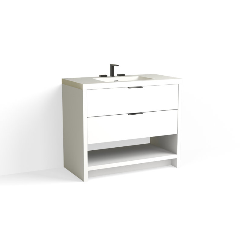 Vue 42" W Freestanding Single Bathroom Vanity, Glossy White/8" Widespread, Matte Black, White Nanomatte