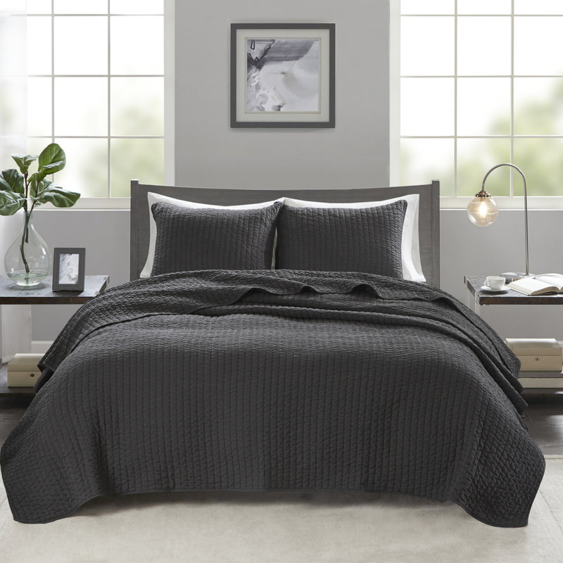 Courtepointe noire pour très grand / très grand lit, 3 pièces, corail réversible, microfibre avec rembourrage en coton, pièce de teinture, courtepointe corail, microfibre, rembourrage, literie élégante