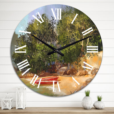 Petit bateau rouge sur une plage tropicale - horloge murale nautique et côtière