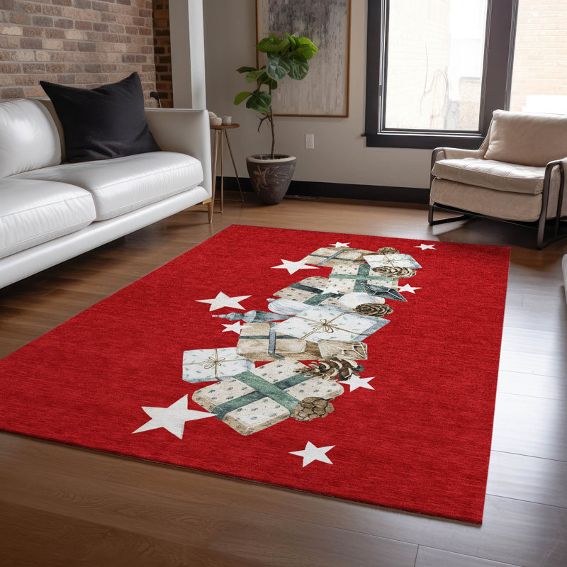 Festive Red Synthetic Washable Christmas Gift Rug 3' x 5'