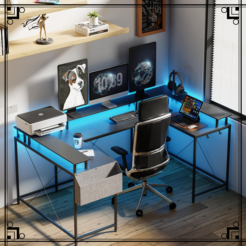 Bureau de jeu en U avec lumières DEL, prises de courant et ports USB, bureau d'ordinateur en L réversible avec support pour moniteur et tablettes
