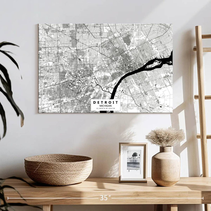 Aliaz White Urban Detroit Map, 20" H x 30" W