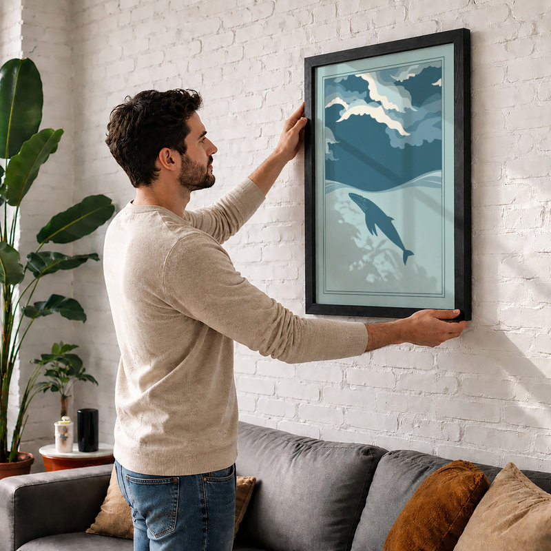 Drifting Whale Coastal - Framed Print, Black, A4 - 29.7 x 21.0 cm