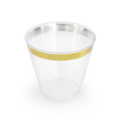 Service de table en plastique jetable 600 pièces pour 100 personnes - blanc avec garniture, assiettes, tasses et couverts dorés