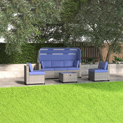 Mobilier de patio 6 pièces, lit de jour d'extérieur avec auvent, canapé modulaire réglable, lit de bronzage pour jardin de jardin près de la piscine, canapé modulaire résistant à l'eau et au soleil, chaise longue de jardin près de la piscine,