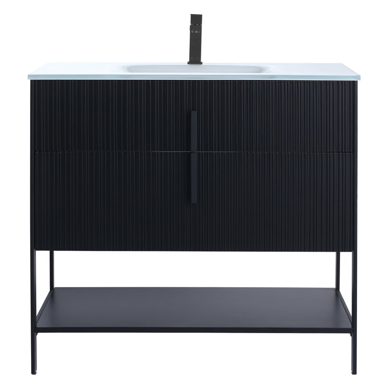  Serenity Modern Bathroom Vanity with White Glass Top, 36", Black Matte/Black