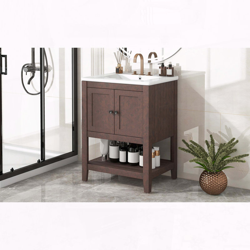 Meuble-lavabo en bois massif 24 po avec lavabo, armoire et tablette ouverte, design Morandi, Brun