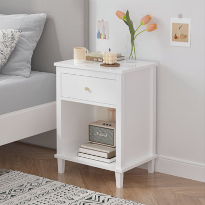 26.77''H Wooden Nightstand With One Drawer One Shelf For Kids, Adults, White+Golden Handle