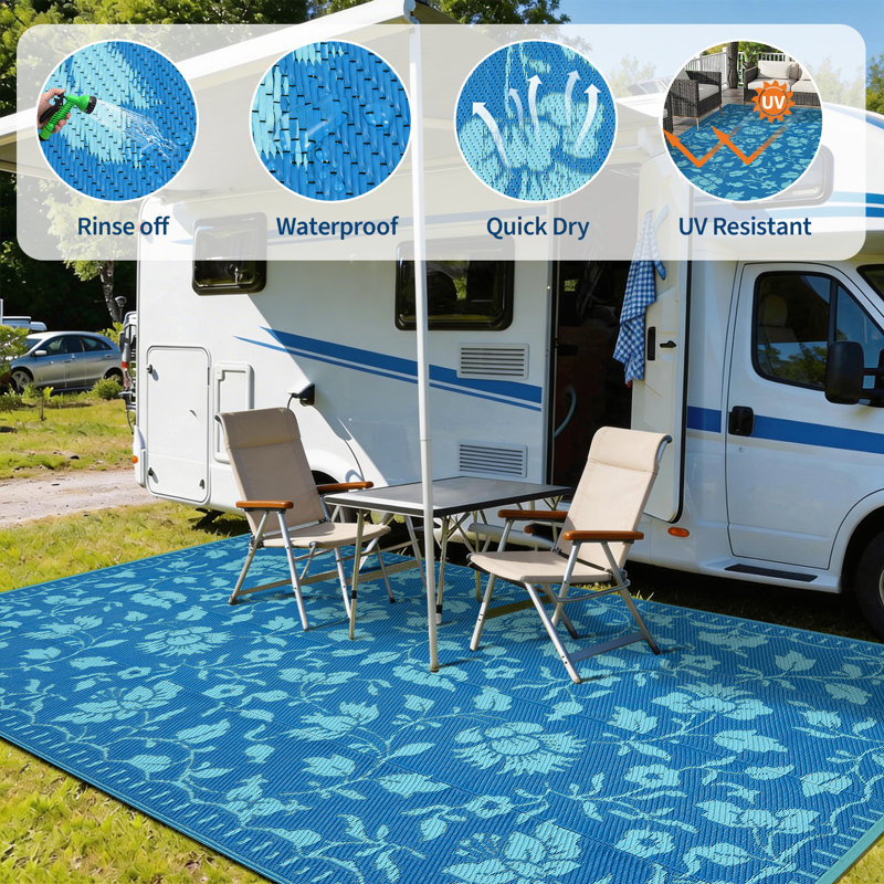 Outdoor Rug Waterproof Reversible Vintage Plastic Straw Carpet Lightweight Collapsible Patio Mat with Portable Bag UV Resistant, Ideal for Backyard, Beach, RV Deck
