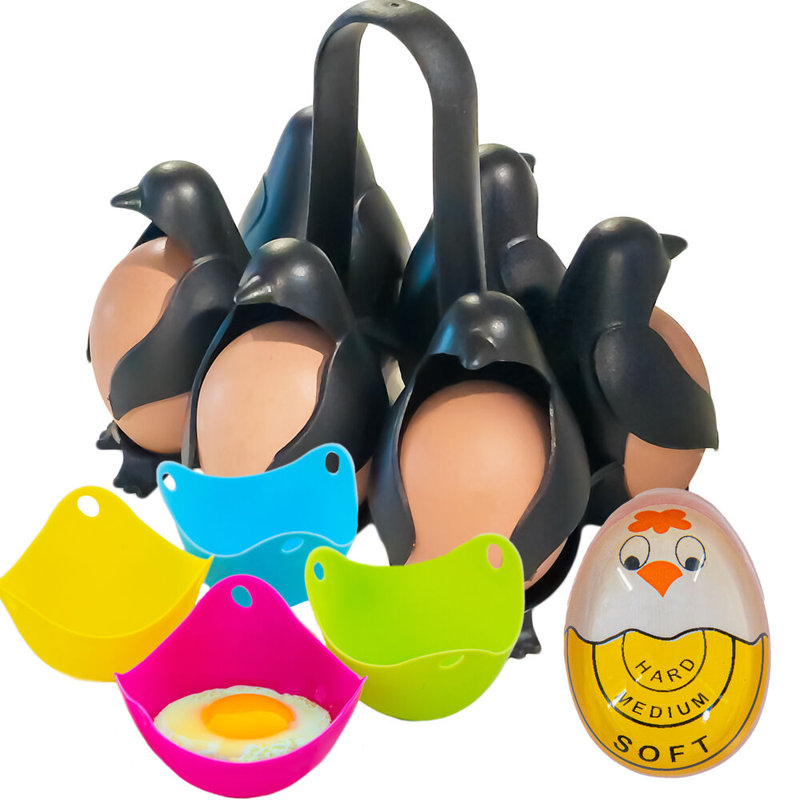 Cuiseur à œufs pingouin et grille de cuisson pour 6 œufs avec minuterie - parfait pour les œufs à la coque, mous ou durs - au four, au micro-ondes, à la friteuse et au lave-vaisselle 