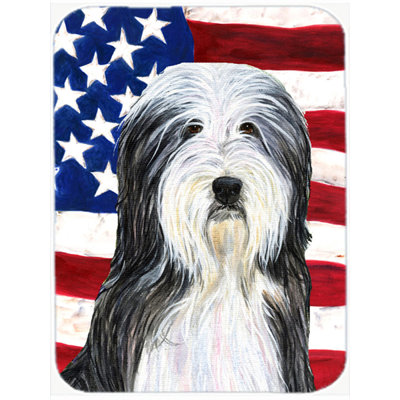 Trinx Patriotic USA American Flag with Bearded Collie Glass Cutting Board