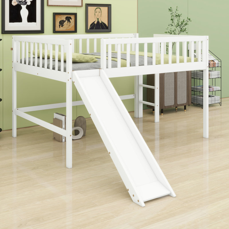 Base de lit mezzanine basse avec échelle attachée et glissade de jeu, Blanc