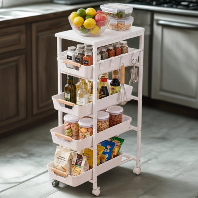 Chariot de rangement étroit à roulettes avec tiroirs coulissants, chariot utilitaire étroit avec plateau en bois et roulettes pour petits espaces, cuisine, salle de bain et buanderie