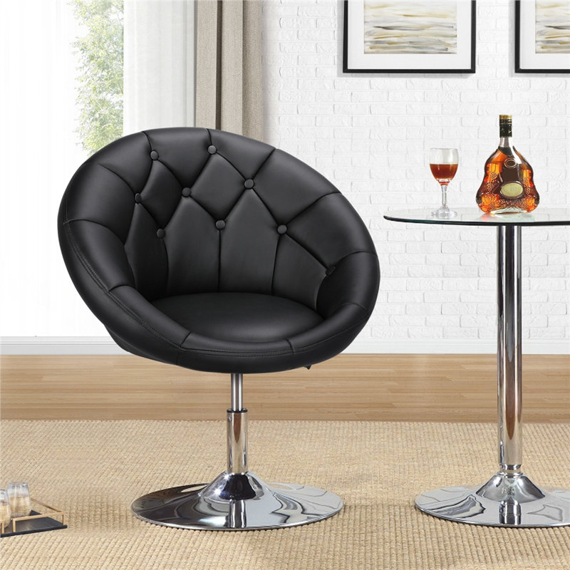 Aguiluz 28in Wide Swivel Papasan Chair, Black Faux Leather