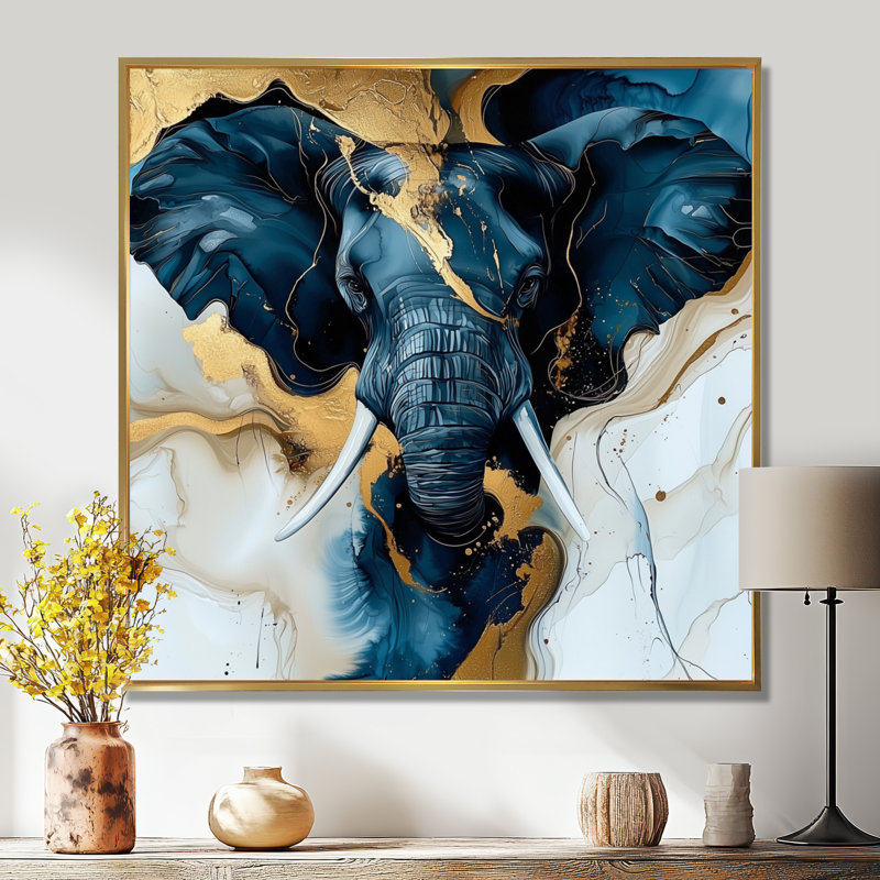 Glam Elephant Marble Giant I - Éléphant, art mural, H 36 po x l 36 po, Reproduction avec cadre flottant, Doré