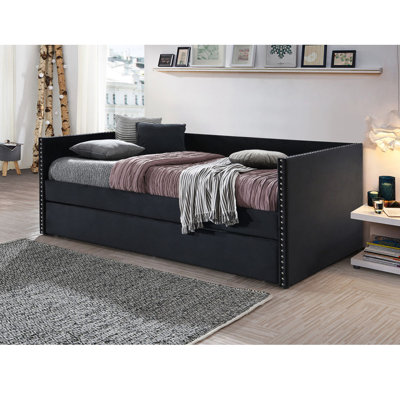 Beautiful 1pc Modern Daybed Tufted Nailhead Trim Armrest Pull Out Trundle Bedroom Living Room Furniture Black Finish