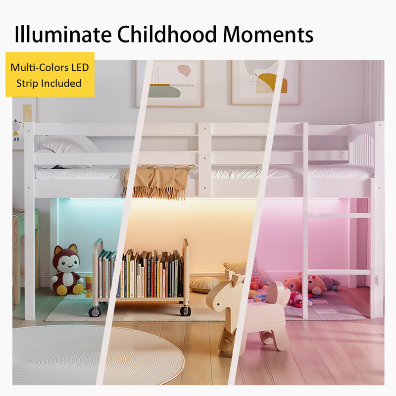LED Light Soild Wood Kids Loft Bed, Twin Size with USB Charge, Twin